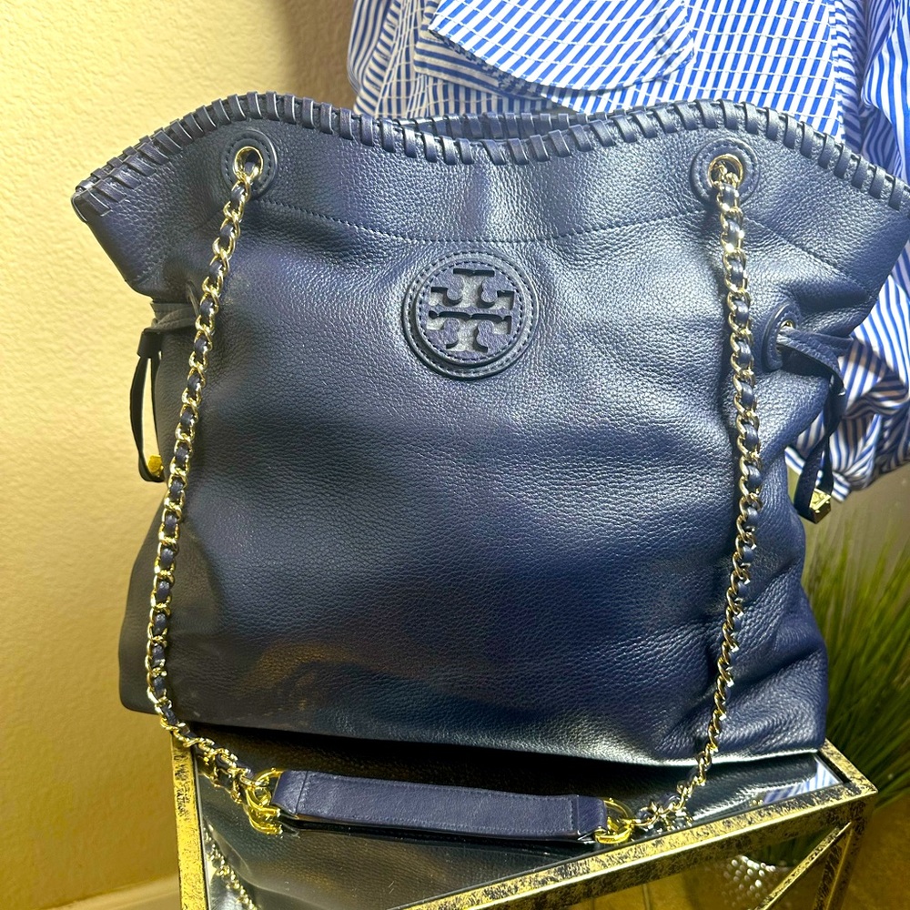 Tory Burch Marion Slouchy Large Navy Blue Leather Tote